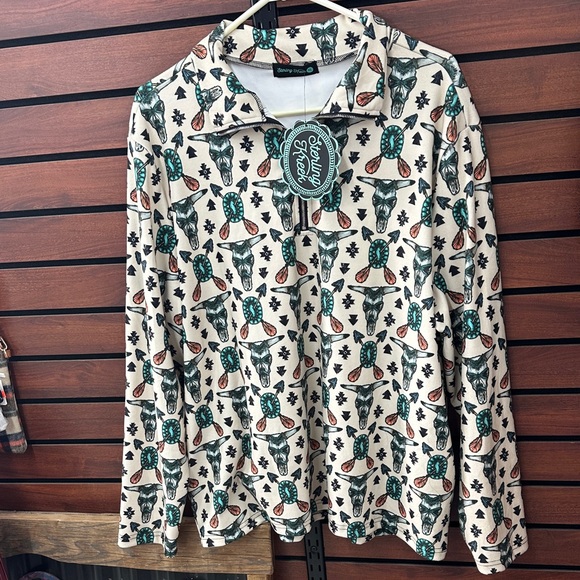 Sterling Kreek Sweaters - Sterling Kreek Thread Beige Western Skull Print Quarter Zip